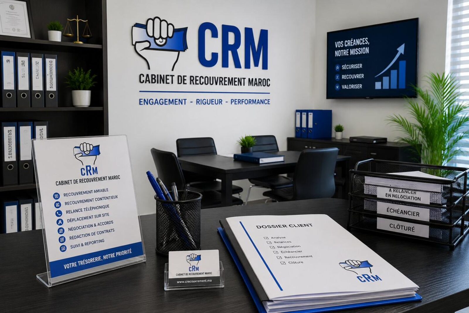 مكتب CRM المغرب بالمحمدية مع ملفات الزبناء المنظمة والهوية البصرية الزرقاء.